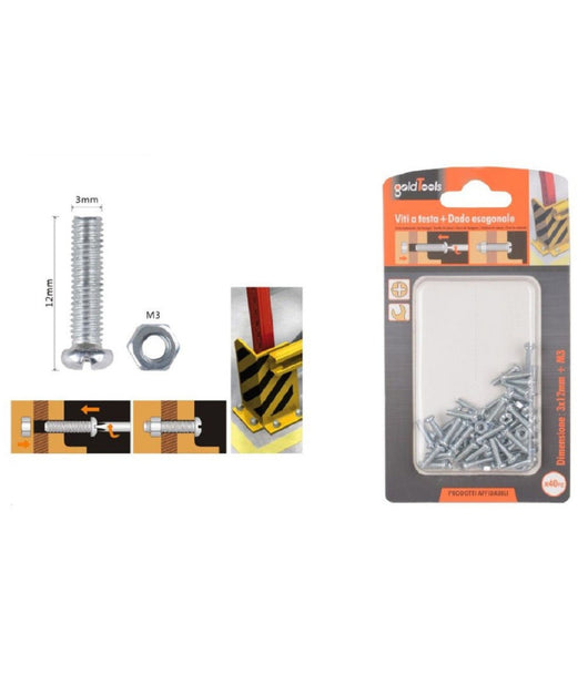 Set 40 Pz Viti Vite Testa A Croce Tonda 3x12 Mm Con Dadi Dado Esagonale M3 90952         