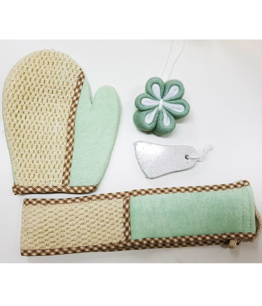 Set 4pz Bagno Effetto Massaggio Doccia Guanto Pietra Pomice Spugnetta Rilassante         