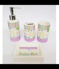 Set 4pz Bagno Strisce Lilla Floreale Ceramica Dispenser Sapone Bicchiere Spazzolini         