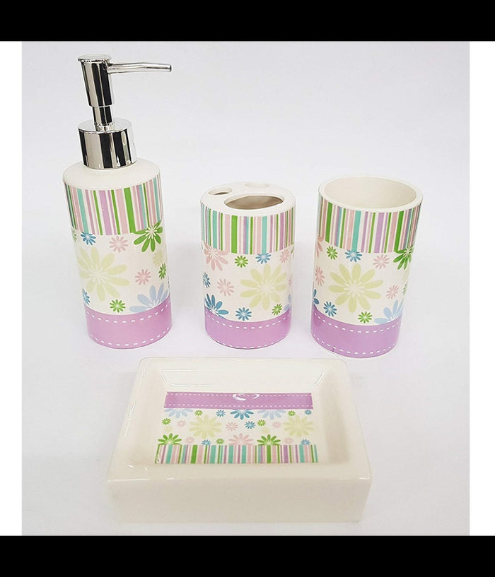 Set 4pz Bagno Strisce Lilla Floreale Ceramica Dispenser Sapone Bicchiere Spazzolini         