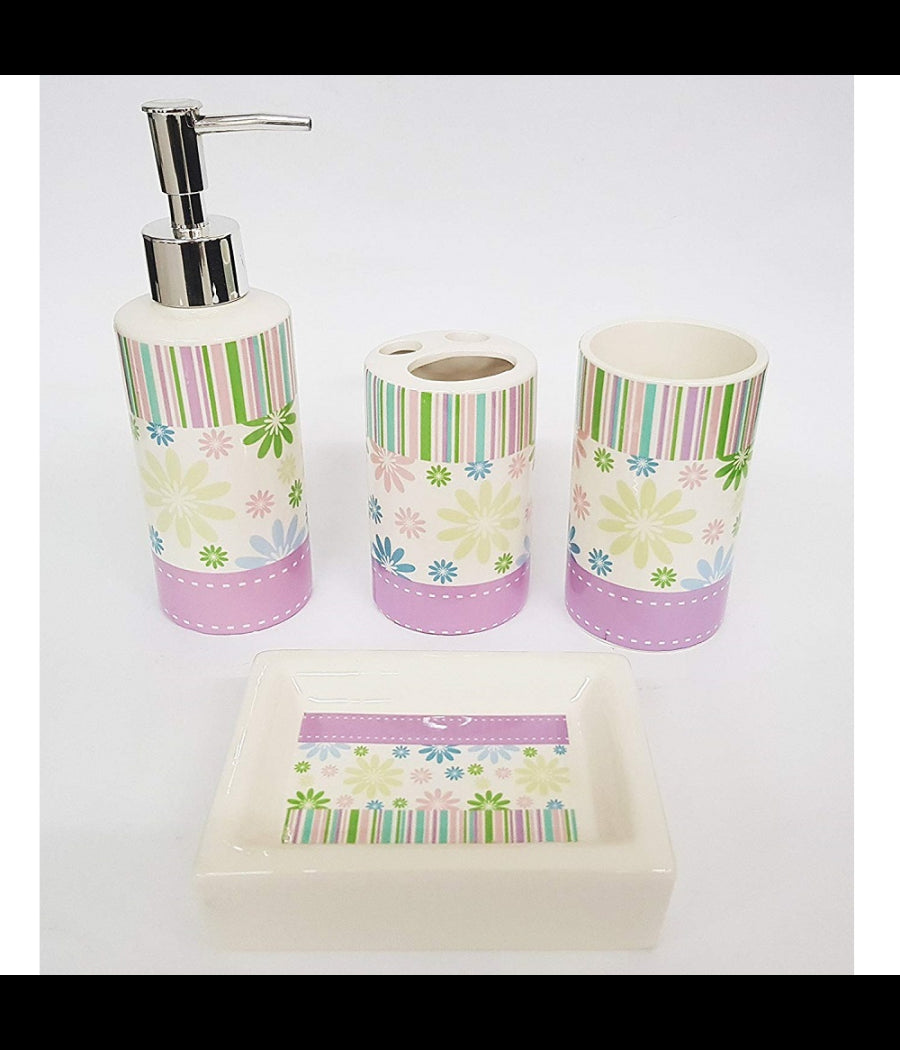 Set 4pz Bagno Strisce Lilla Floreale Ceramica Dispenser Sapone Bicchiere Spazzolini         