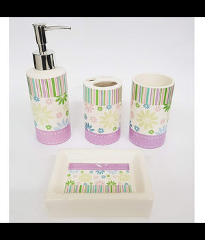 Set 4pz Bagno Strisce Lilla Floreale Ceramica Dispenser Sapone Bicchiere Spazzolini         
