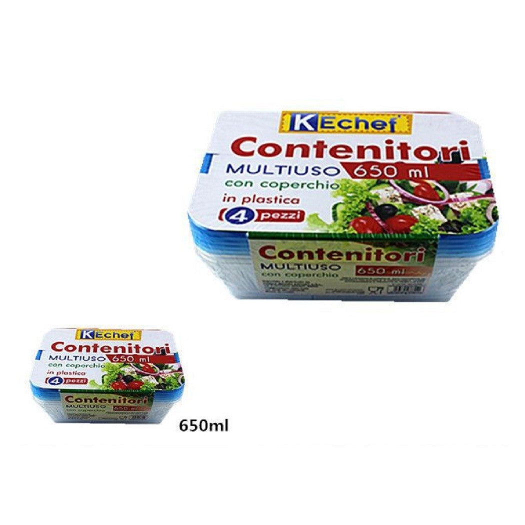 Trade Shop - Set 4pz Contenitori Multiuso Rettangolare Con Coperchio In Plastica 650ml Cucina -