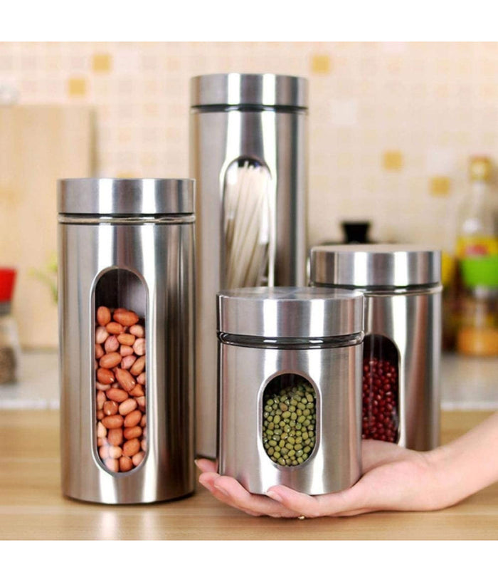 Set 4pz Contenitori Per Alimenti In Acciaio Per Tè Caffè Spezie Biscotti Zucchero         