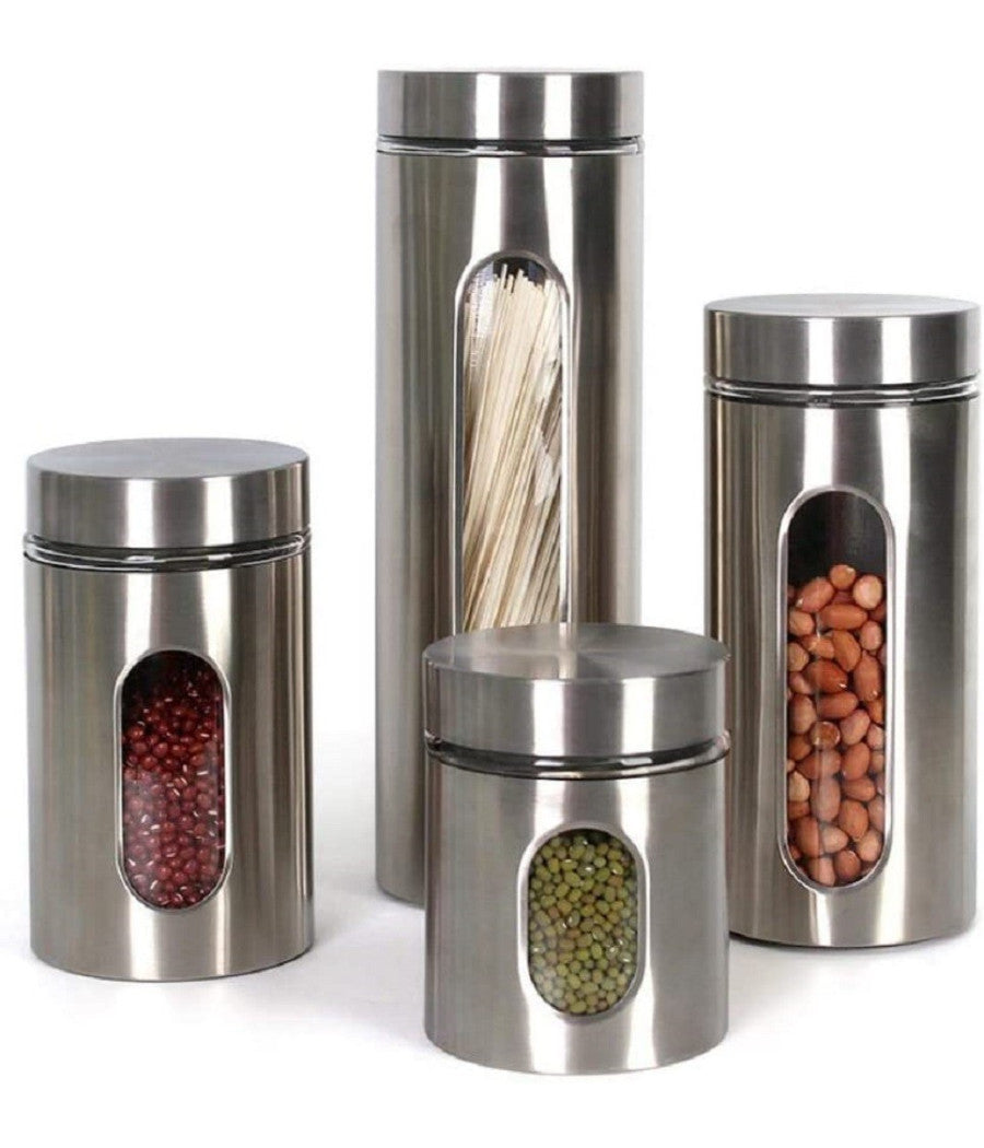 Set 4pz Contenitori Per Alimenti In Acciaio Per Tè Caffè Spezie Biscotti Zucchero         