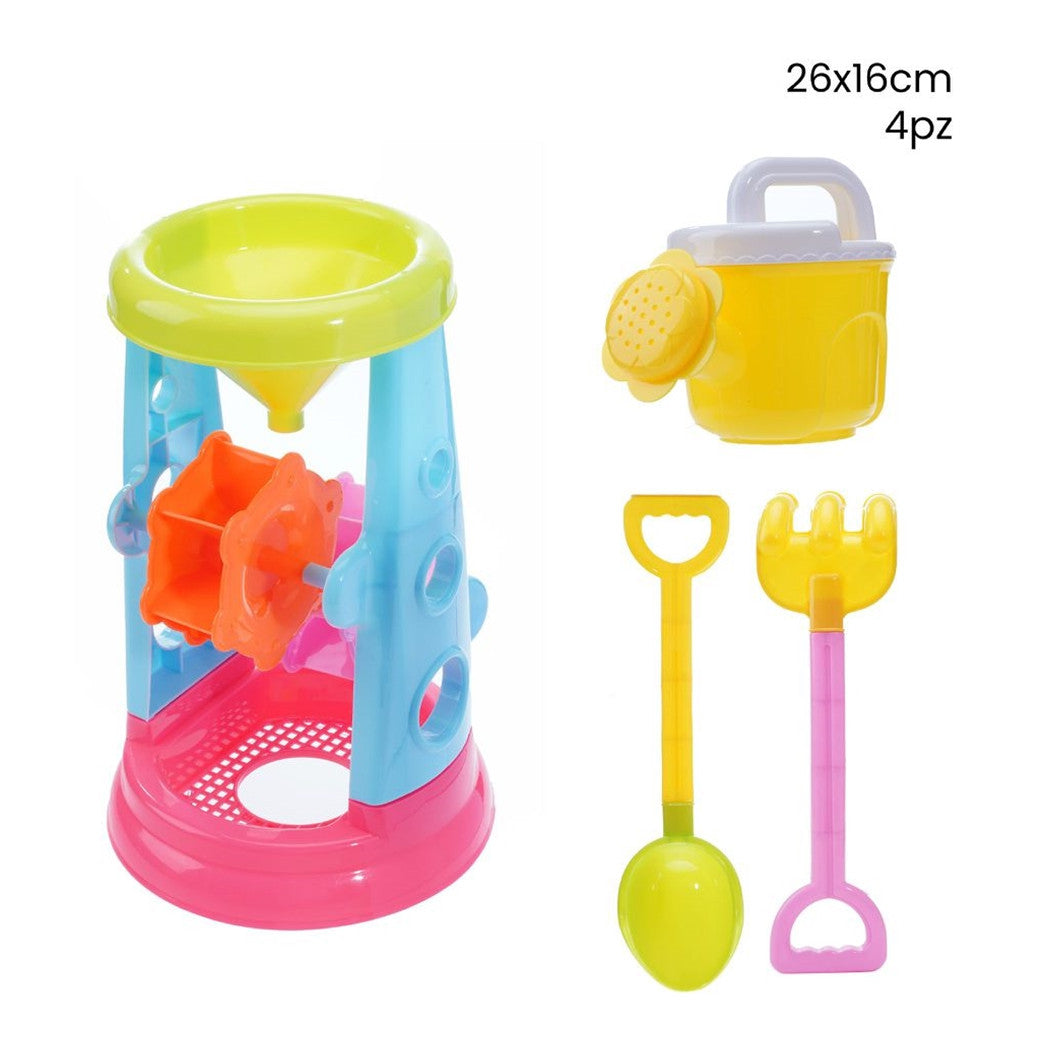 Trade Shop - Set 4pz Gioco Sabbia Spiaggia Con Innaffiatoio Mulino Paletta Rastello 26x16cm 258269 -