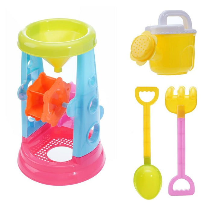 Trade Shop - Set 4pz Gioco Sabbia Spiaggia Con Innaffiatoio Mulino Paletta Rastello 26x16cm 258269 -