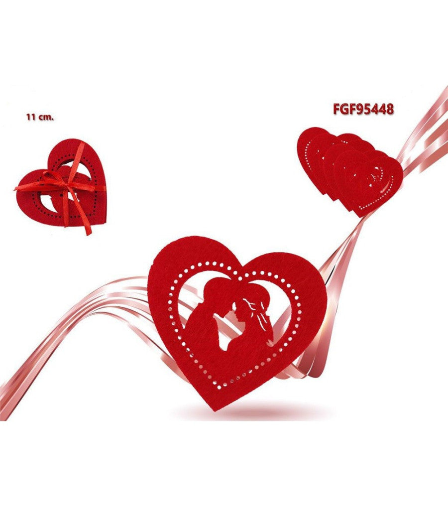 Set 4pz Sottobicchieri 11cm San Valentino Forma Cuore Tessuto Rosso Feltro 95448         