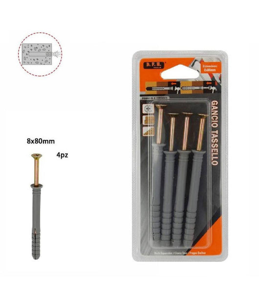 Set 4pz. Tasselli Fisher Viti Vite Chiodi Gancio Tassello Misura 8 X 80 Mm 69054         