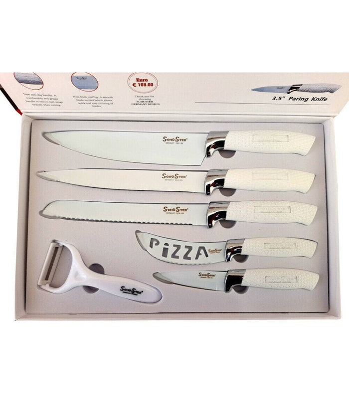 Set 5 Coltelli Da Cucina In Acciaio Manico Antiscivolo + Pelapatate White         