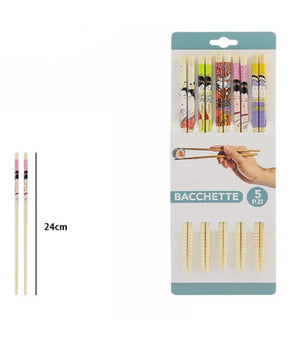 Set 5 Coppie 10 Bacchette Legno Cinesi Giapponesi Posate Cucina 24cm Decorate 74190         