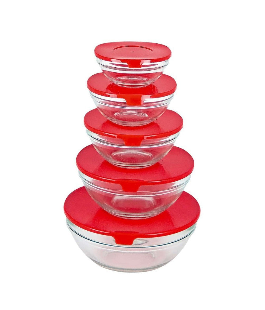 Set 5 Pezzi Contenitori Ciotola Ciotole Scodella Vetro Tappo Microoonde Freezer         