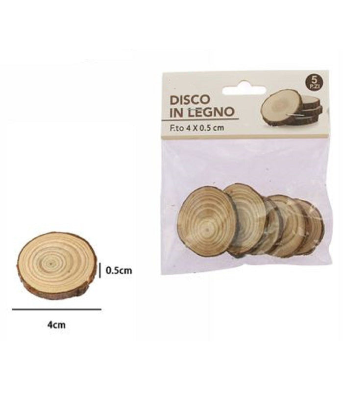 Set 5 Pezzi Dischi Disco Di Legno Decorativo Per Ornamento 4x0.5cm Rotondo 72106         