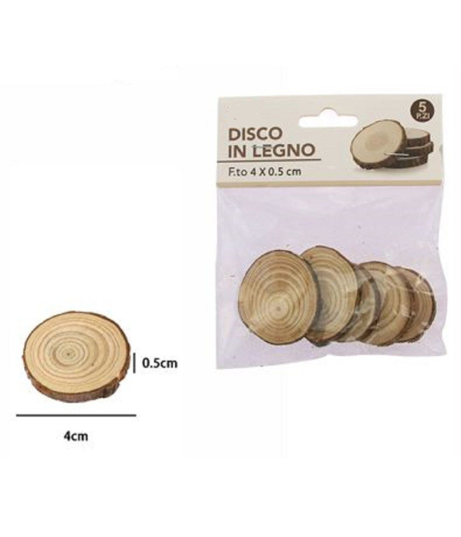 Set 5 Pezzi Dischi Disco Di Legno Decorativo Per Ornamento 4x0.5cm Rotondo 72106         