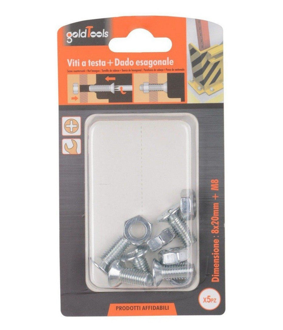 Set 5 Pezzi Viti Vite A Testa A Croce Piatta 8x20 Mm Con Dado Esagonale M8 90947         