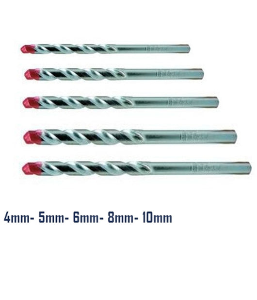 Set 5 Punte Punta Trapano A Spirale Per Muro E Metallo Rosso 4-5-6-8-10 Mm Foro         