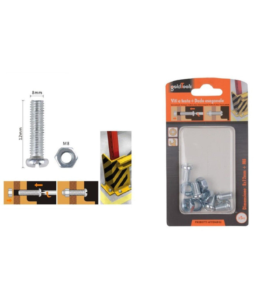 Set 5 Pz Viti Vite Testa A Croce Tonda 8x12 Mm Con Dadi Dado Esagonale M8 90981         