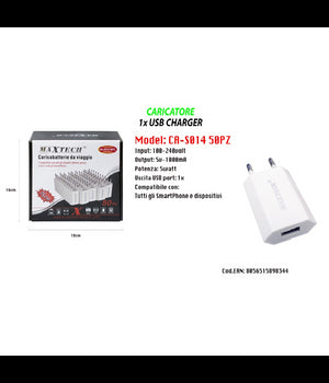 Set 50 Caricatori Usb Smartphone 5v-1000ma Caricabatteria Maxtech Ca-s014 50pz         