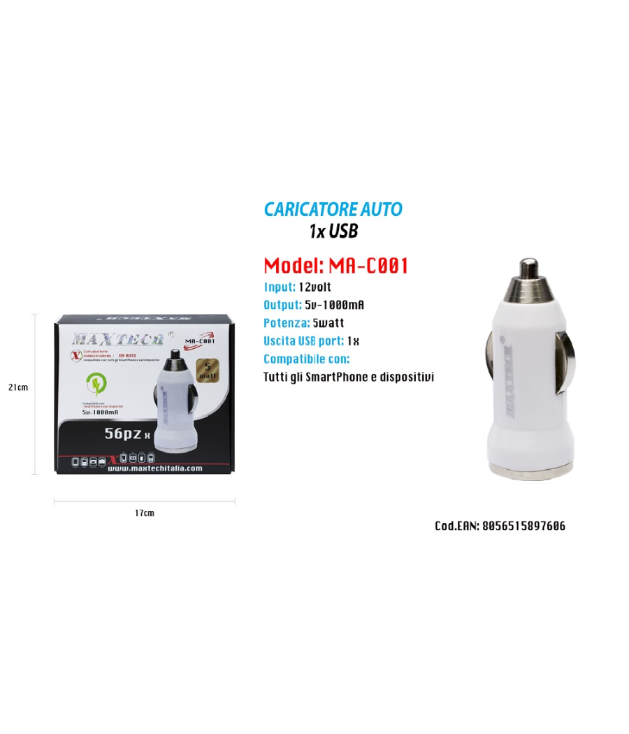 Set 56 Pz Caricatore Usb Auto Presa Universale Accendisigari 5v-1000ma Ma-c001         