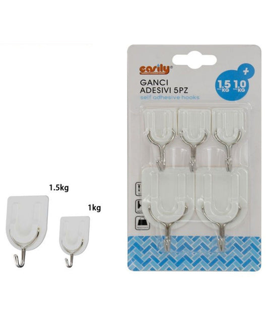 Set 5pz Gancio Attaccapanni Adesivo Bianco Parete Legno Porte Fashion Hook 59671         