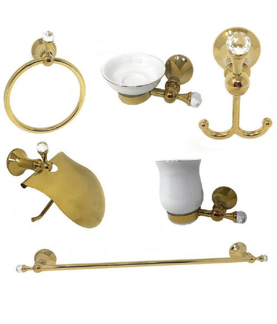 Set 6 Accessori Da Bagno In Acciaio Oro E Ceramica Cristalli In Acrilico 59238         