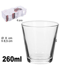 Set 6 Bicchieri Trasparenti 260ml In Vetro Da Tavola Acqua Diametro 8cm H 8,5cm         