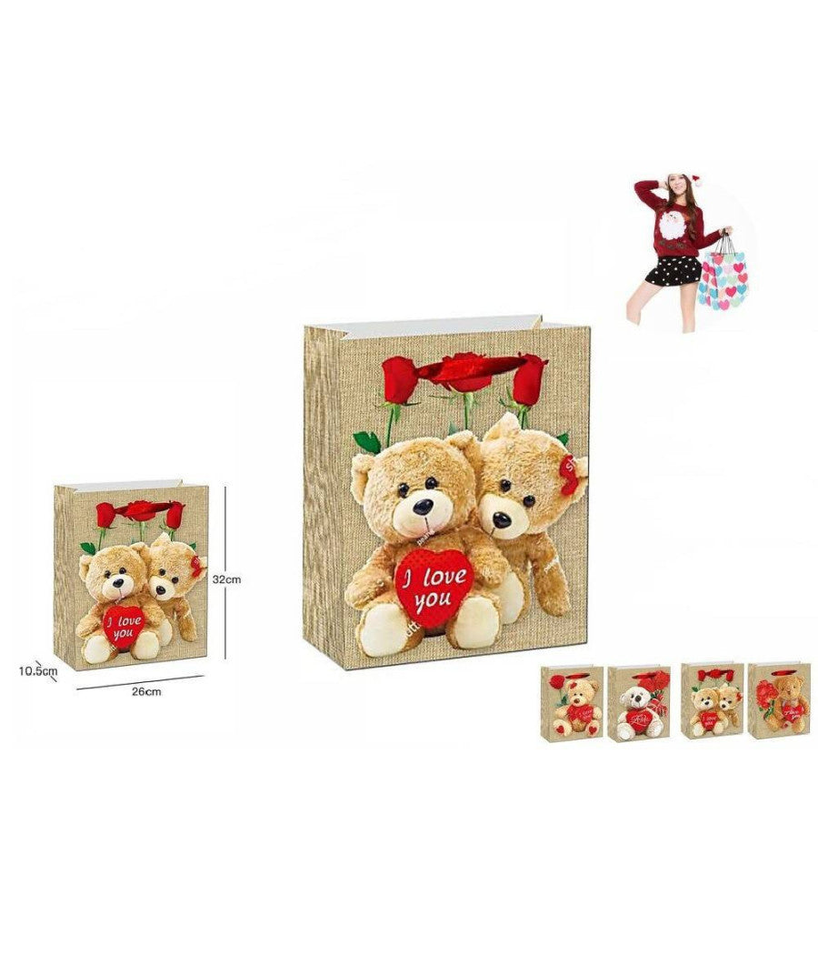 Set 6 Buste Regalo San Valentino Busta 10.5x26x32cm 63988 Varie Stampe Orso Cuore         