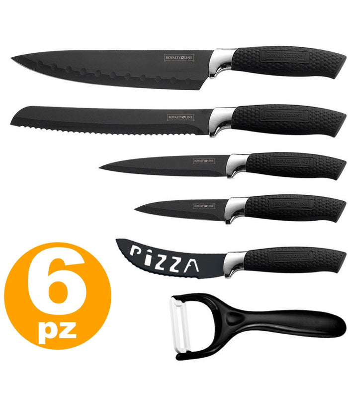 Set 6 Coltelli Ceramica Acciaio Da Cucina - Neri Royalty Line Antiaderente         