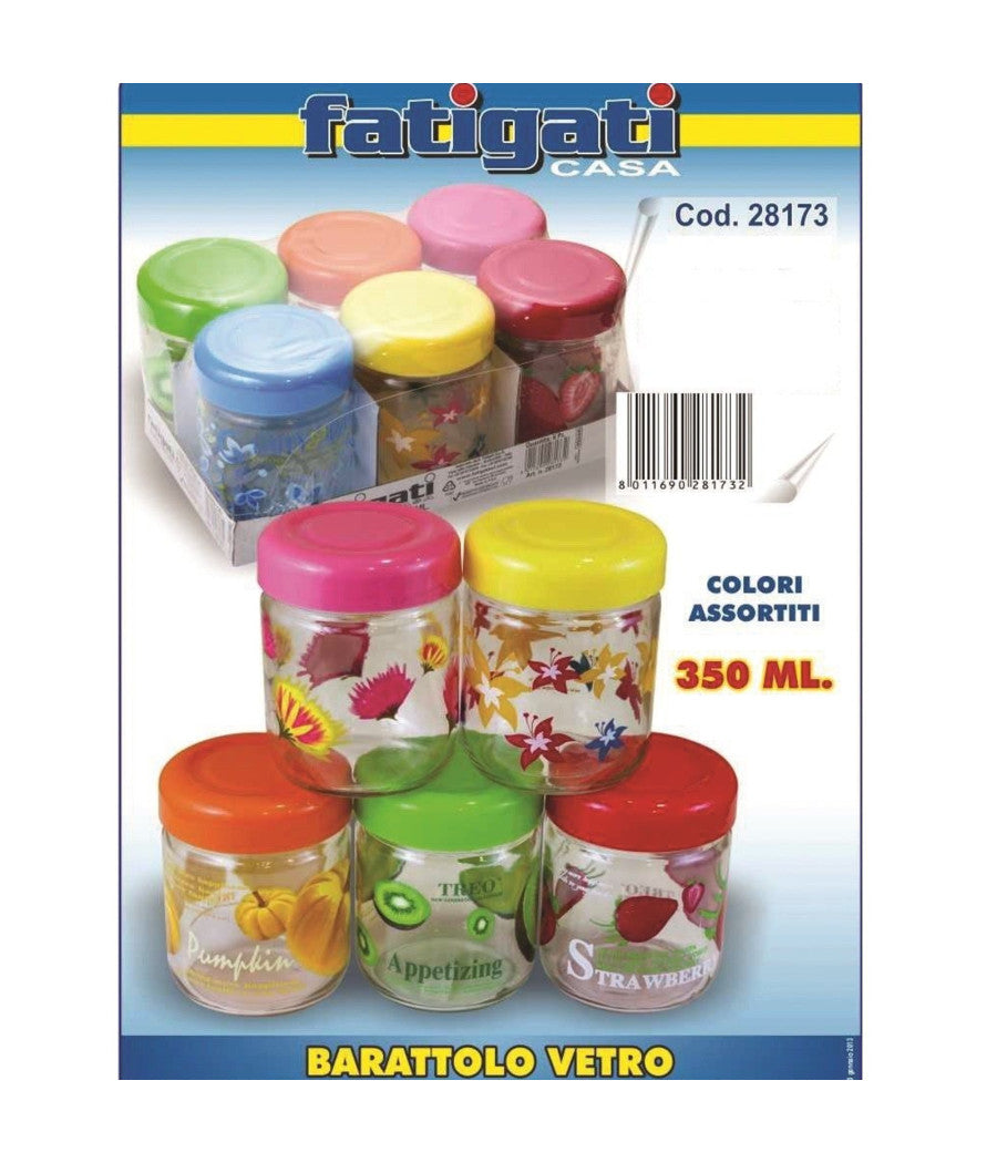 Set 6 Pezzi Barattoli Contenitori In Vetro Colorati Coperchio Plastica 350ml         