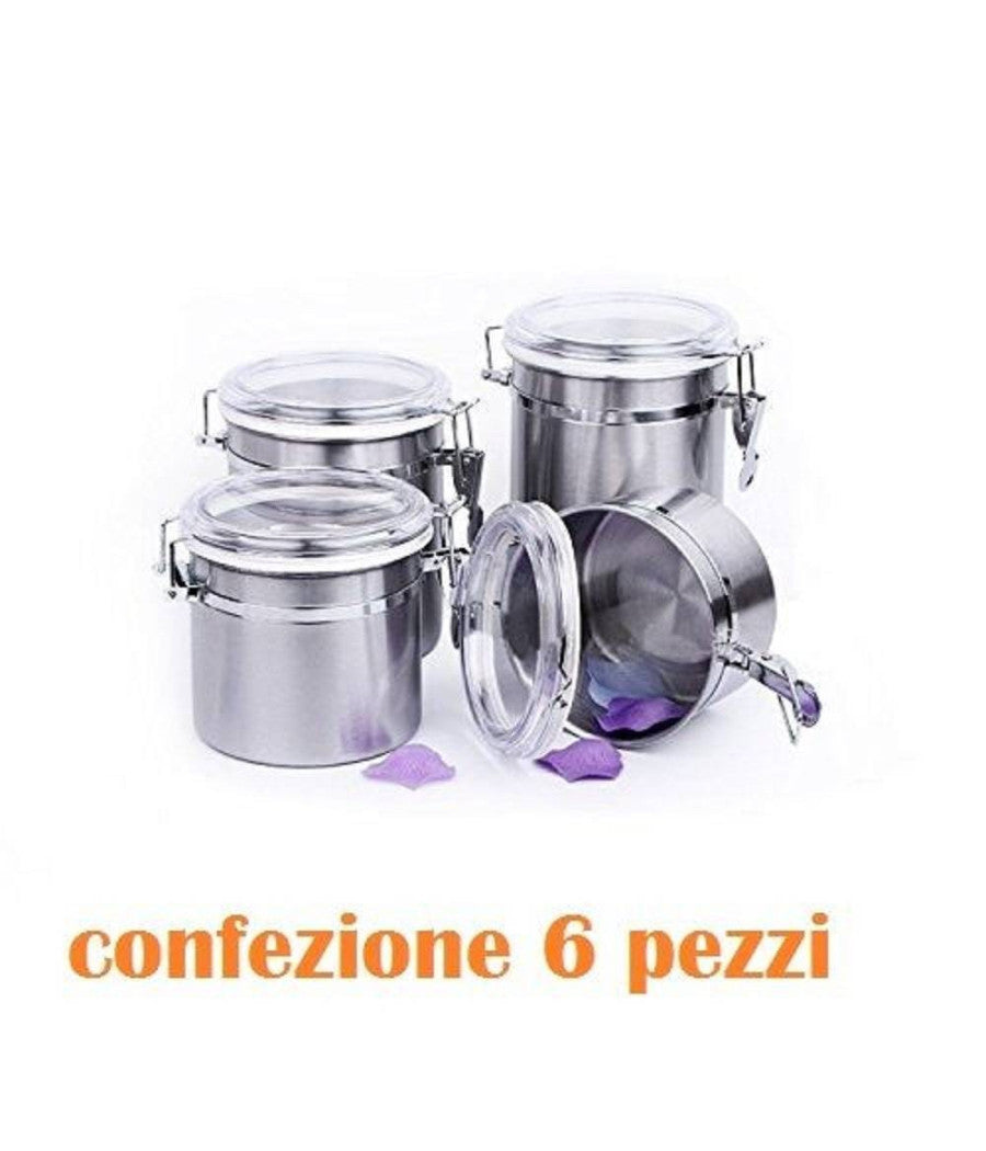Set 6 Pezzi Barattolo In Acciaio Inox 10x16cm Alimenti Zucchero Caffè Cucina         