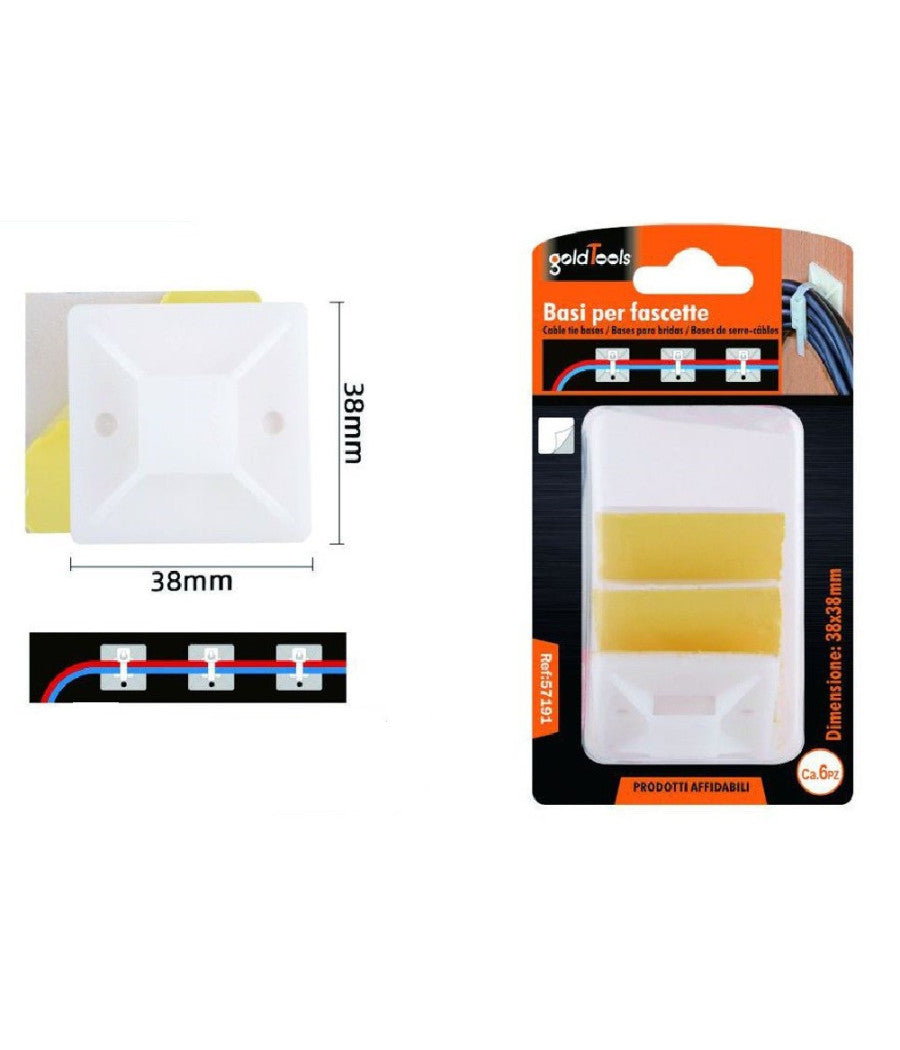 Set 6 Pezzi Basi Per Fissaggio Fascette Supporto Adesivo Passante 38x38mm 57191         