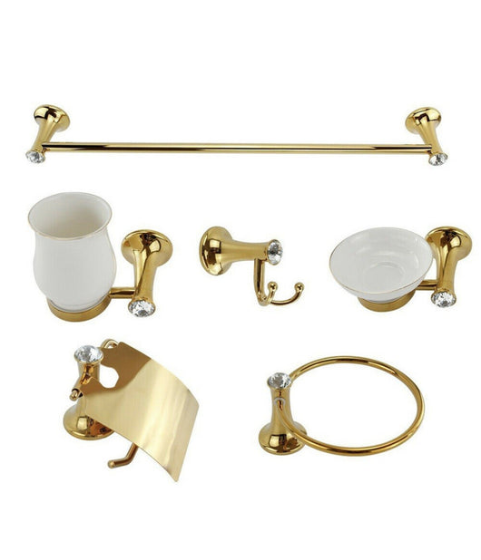 Set 6 Pz Accessori Bagno In Oro E Ceramica Con Punti Luce Cristalli In Acrilico         