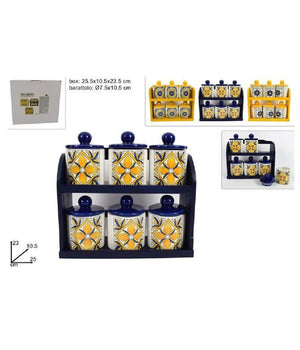 Set 6 Pz Barattoli In Ceramica Decorata Fantasia Decoro Maiolica Con Espositore         