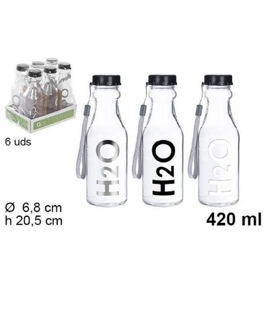 Set 6 Pz Bottiglia D'acqua H2o Vetro Trasparente 420ml Borraccia Laccetto 109286         