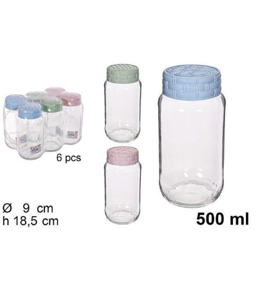 Set 6 Pz Contenitore Barattolo Vetro Con Coperchio Rattan Colorato 500 Ml 114655         