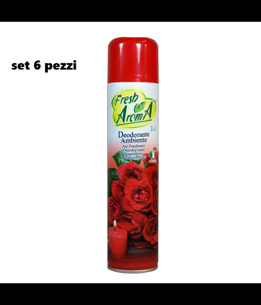 Set 6 Pz Deodorante Per Ambiente Spray Profumo Casa Fresco 300 Ml Rose Rosse         