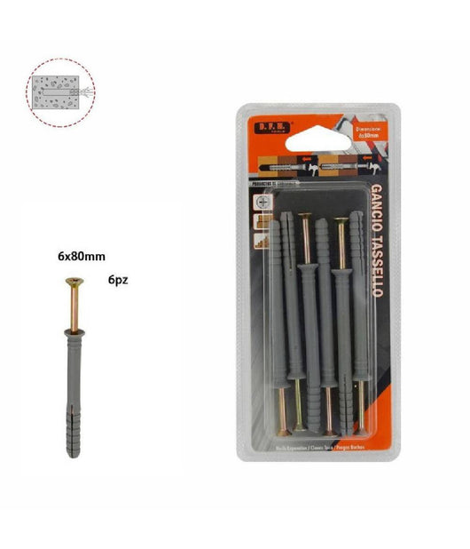Set 6 Pz Tasselli Fisher Viti Vite Chiodi Gancio Tassello Misura 6 X 80 Mm 69051         