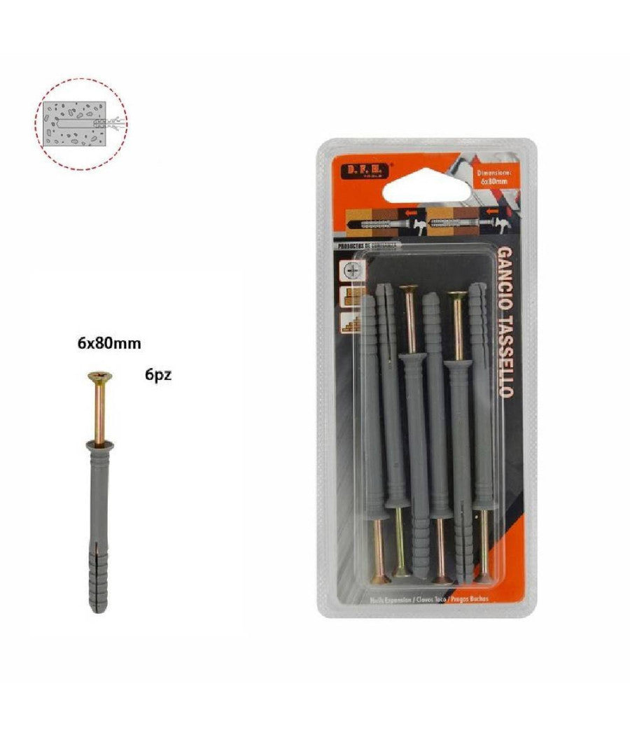 Set 6 Pz Tasselli Fisher Viti Vite Chiodi Gancio Tassello Misura 6 X 80 Mm 69051         