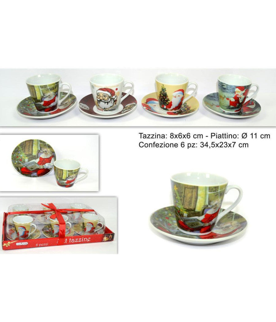 Set 6 Tazzine Tazze Caffè Con Piattini Ceramica Decorata Fantasia Natale         