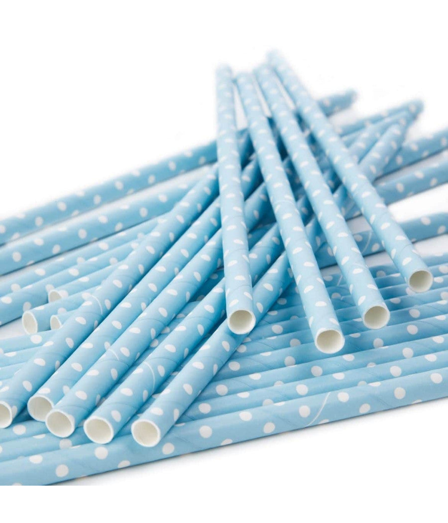Set 60 Pezzi Cannucce Azzurro Pois 20cm Carta Cannuccia Compleanno Party Festa         