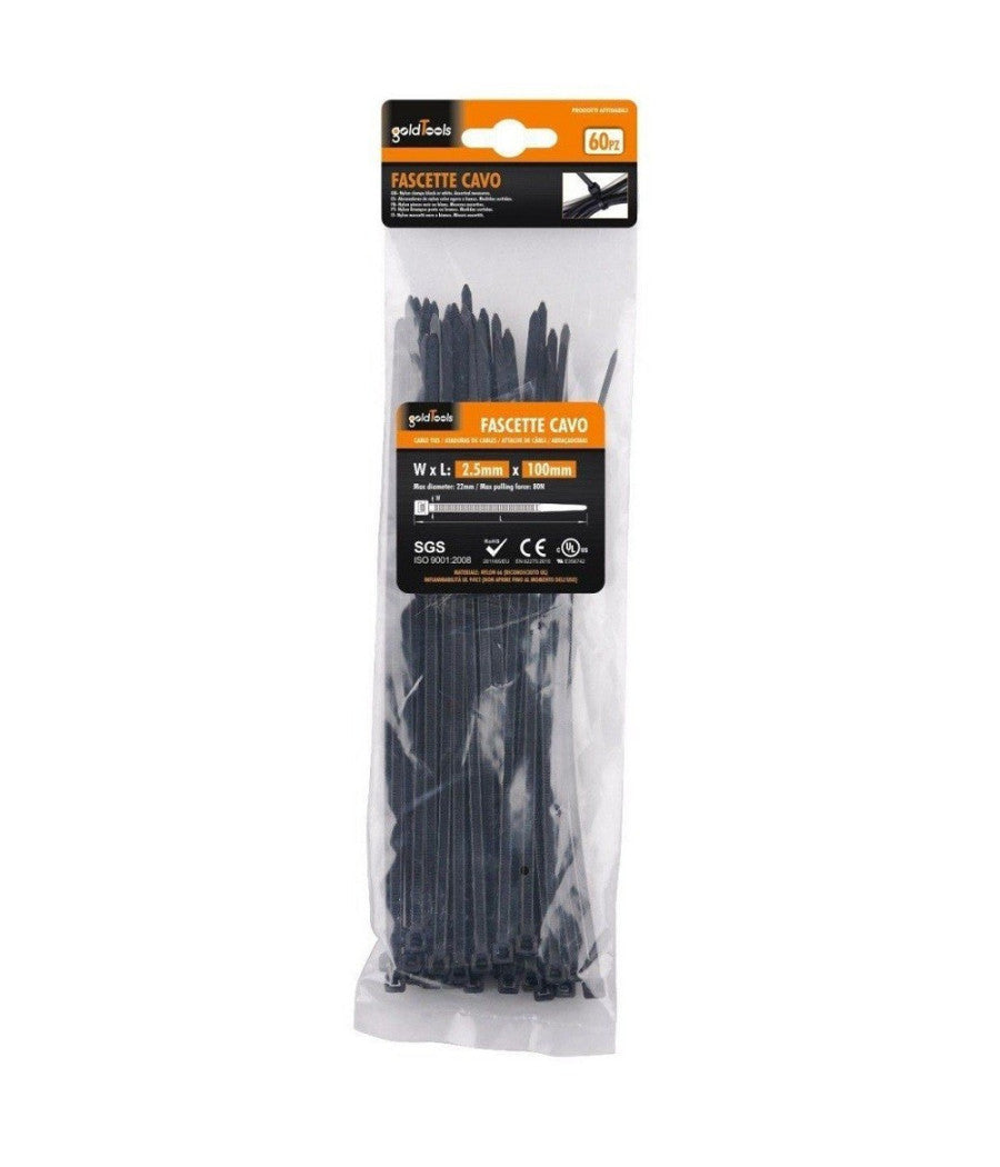 Set 60 Pz Fascette Cavi Cavo Nero Stringenti In Plastica Nylon 2.5x100 Mm 92379         