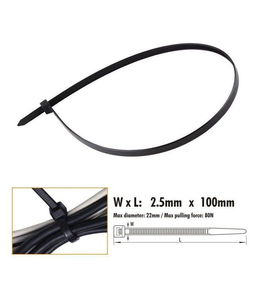Set 60 Pz Fascette Cavi Cavo Nero Stringenti In Plastica Nylon 2.5x100 Mm 92379         