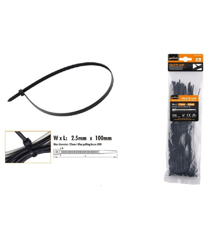 Set 60 Pz Fascette Cavi Cavo Nero Stringenti In Plastica Nylon 2.5x100 Mm 92379         