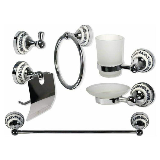 Trade Shop - Set 6pz Bagno Acciaio Vetro Ceramica Blu Nere 52438 Porta Rotolo Sapone Asciugamano -