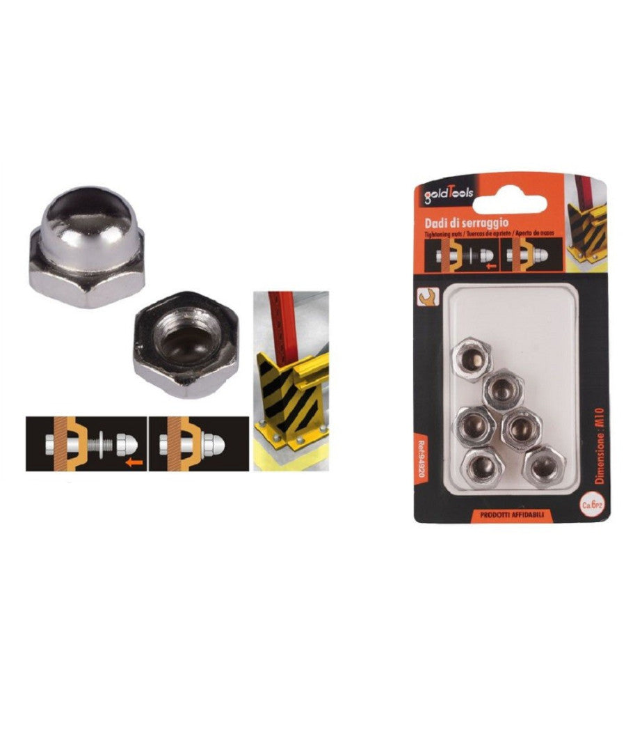 Set 6pz Dado Dadi Ciechi Esagonali M10 Serraggio 10mm Per Chiave Esagonale 94920         