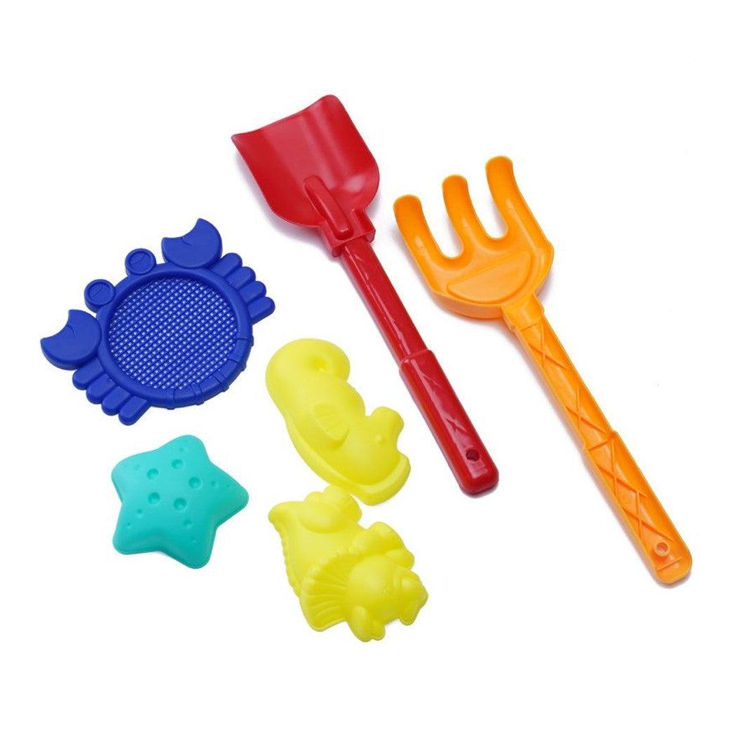 Trade Shop - Set 6pz Giochi Bambini Mare Spiaggia Con Paletta Rastrello 28cm Formine Setaccio 258330 -