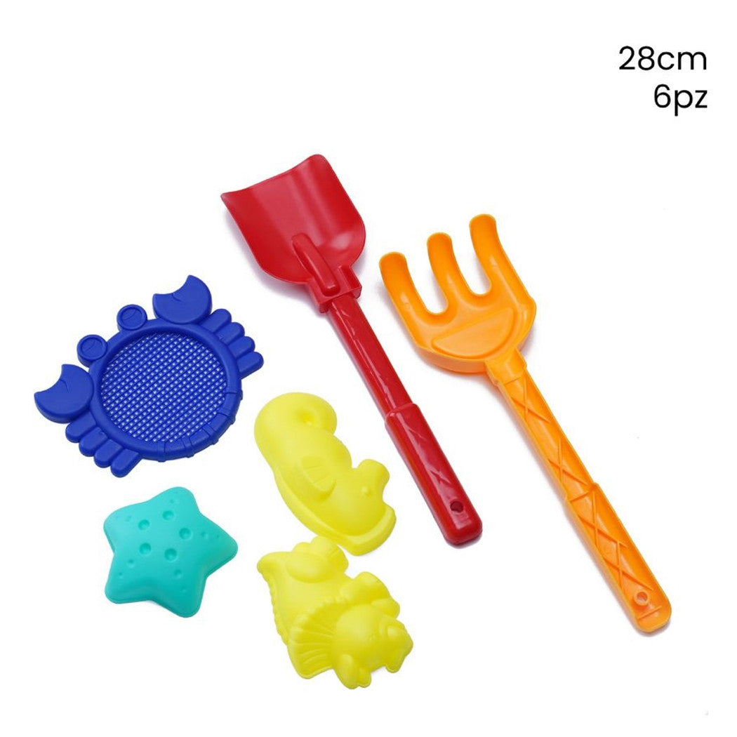 Trade Shop - Set 6pz Giochi Bambini Mare Spiaggia Con Paletta Rastrello 28cm Formine Setaccio 258330 -