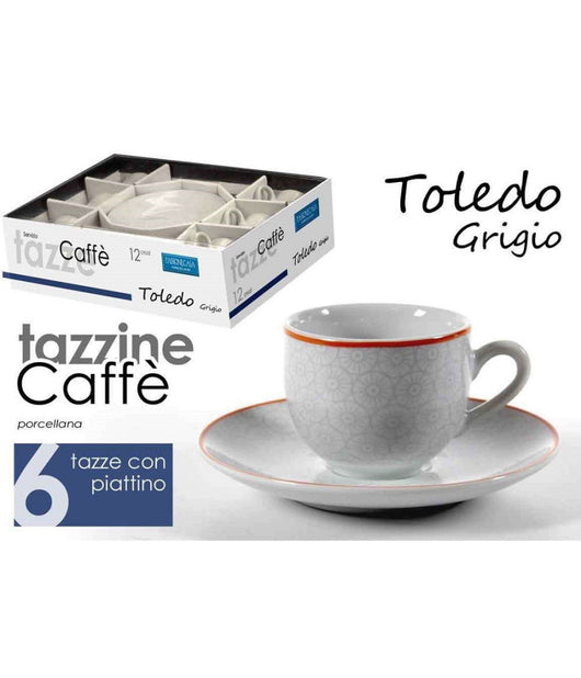 Set 6pz Tazzine Caffè + 6 Piattini Tazzina Classico Moderno Toledo Grigio 720352         