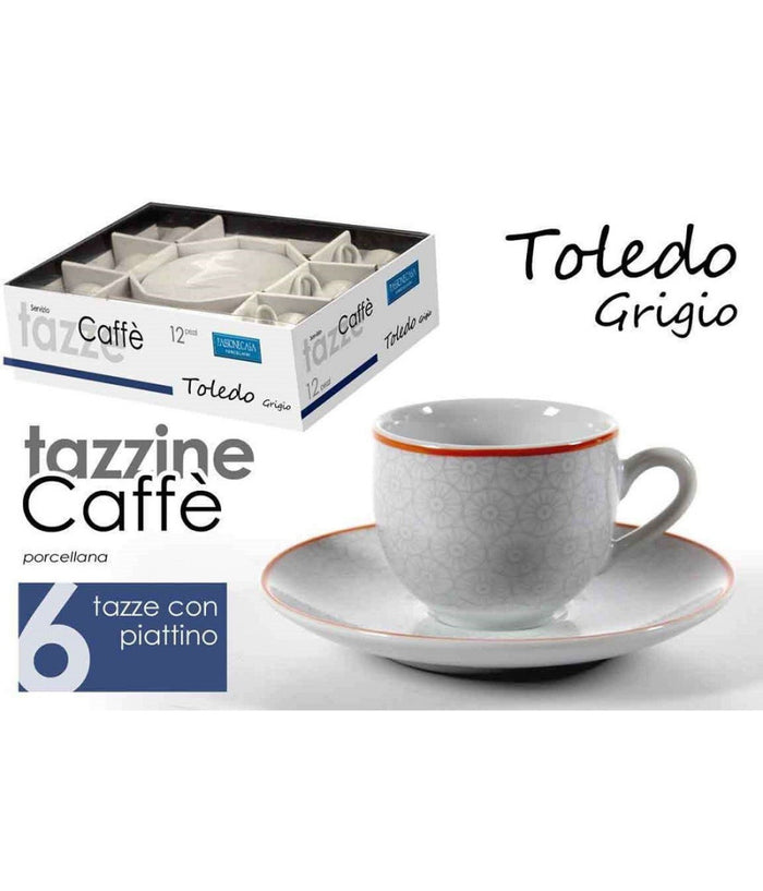 Set 6pz Tazzine Caffè + 6 Piattini Tazzina Classico Moderno Toledo Grigio 720352         