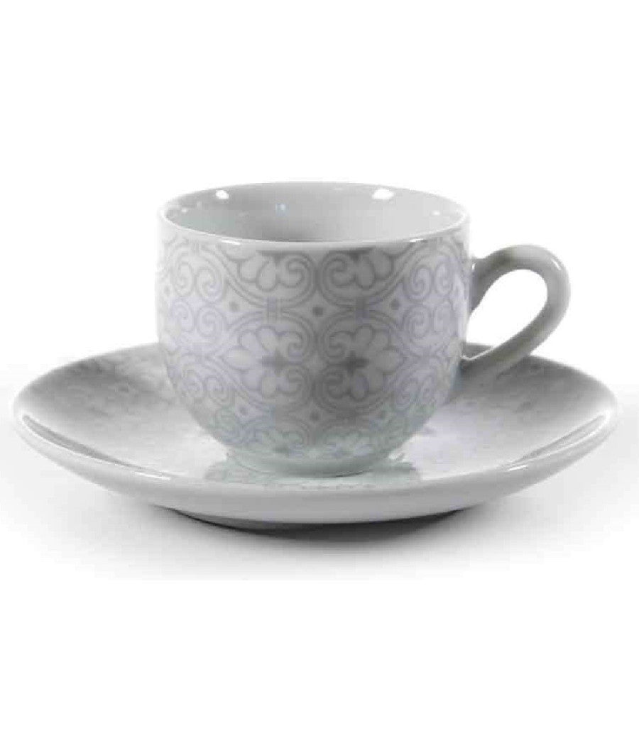 Set 6pz Tazzine Caffè Piattino Classico Moderno Damasco Grigio Porcellana 720383         